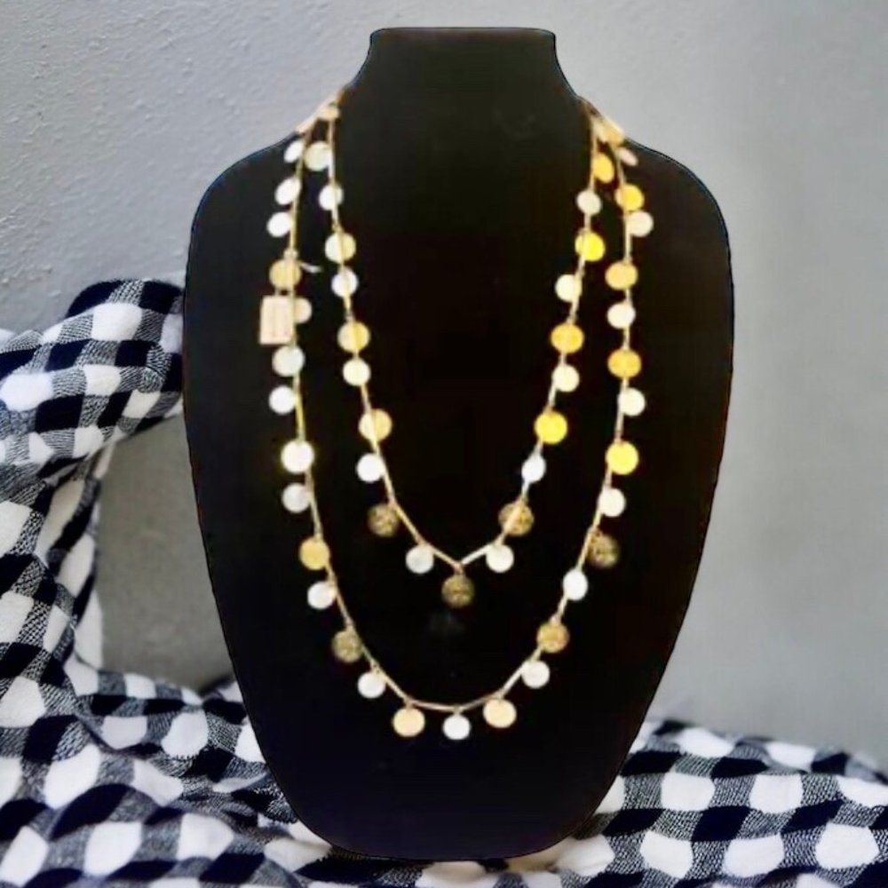 Saks Fifth Avenue Vintage Long Necklace Gold Tone & White Disks New w/Tag